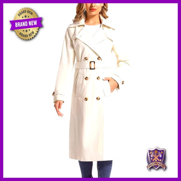 Waterproof Trench Coat Double Breasted Classic Lapel Belt Removable Hood Elegant
